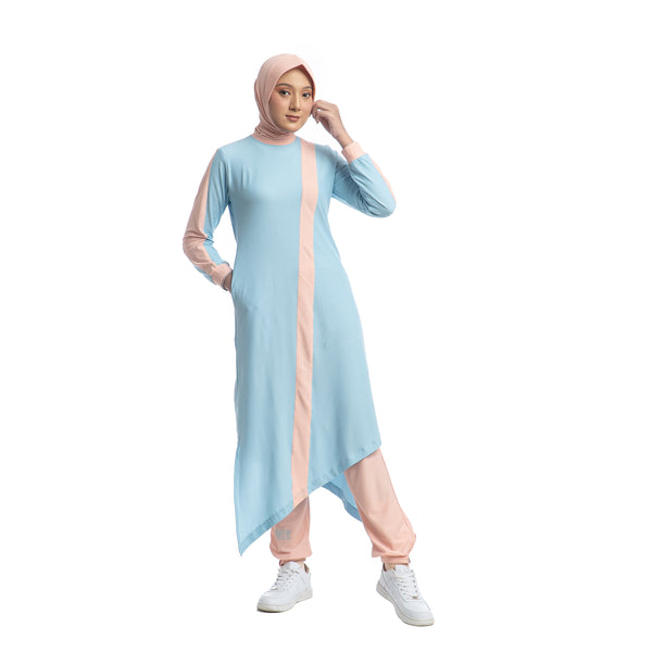 Zigzag Dress Sky Blue Stripe Dusty Pink