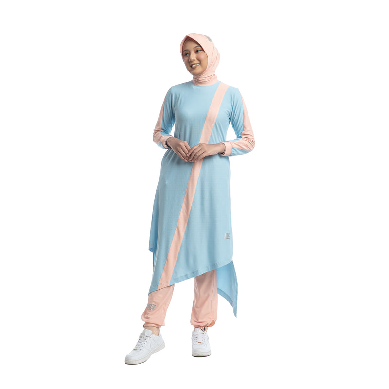 Zigzag Dress Sky Blue Stripe Dusty Pink