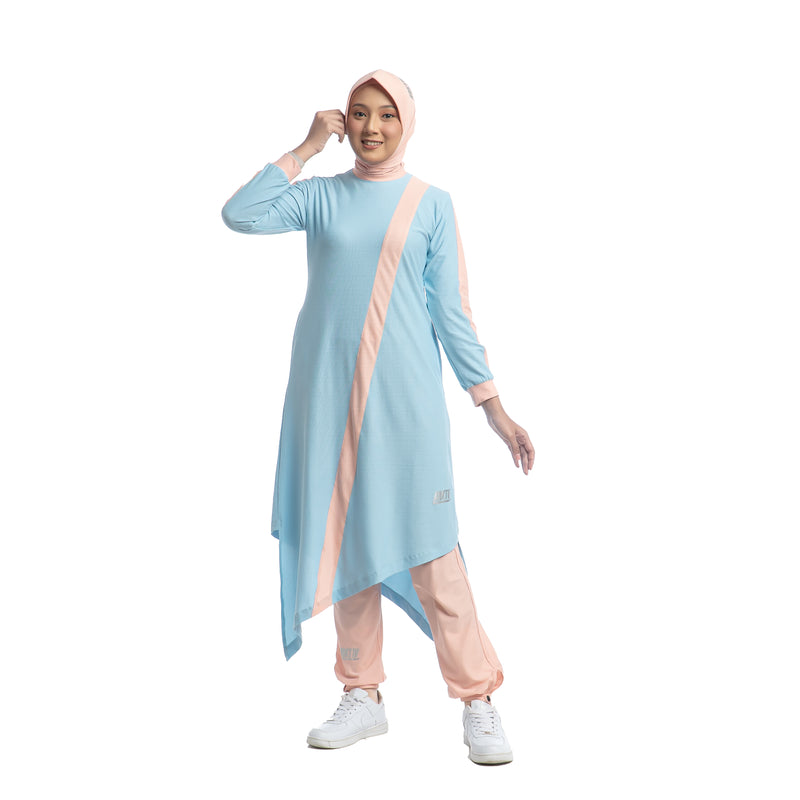 Zigzag Dress Sky Blue Stripe Dusty Pink