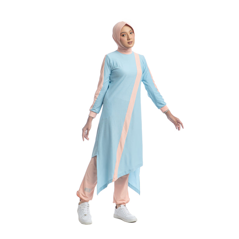 Zigzag Dress Sky Blue Stripe Dusty Pink