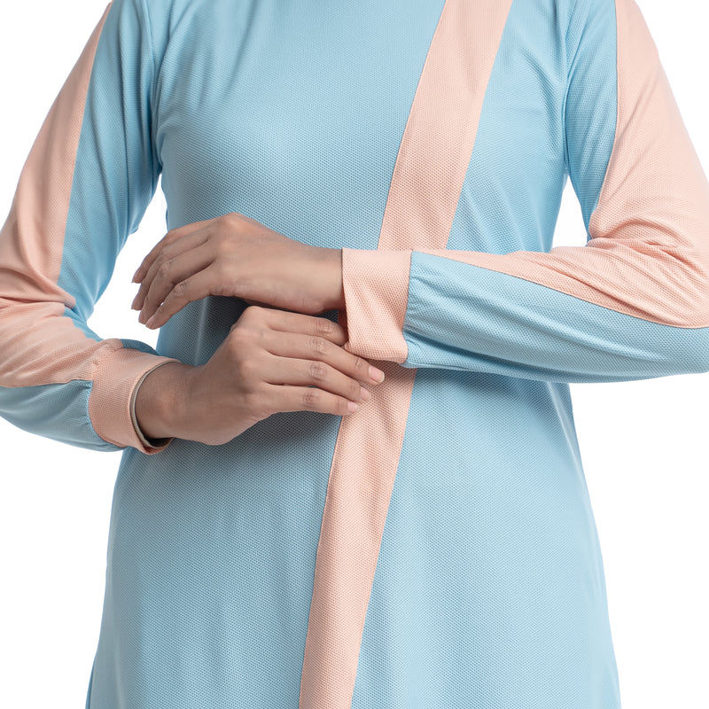 Zigzag Dress Sky Blue Stripe Dusty Pink